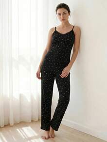 Liftille Conjunto de pijama de camiseta de tirantes y pantalones cortos con estampado de corazón tejido para mujer, sexy y apto para uso exterior, para todas las estaciones - Negro - Ver 2