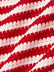 SHEIN MOD Plus Size Women's Red And White Asymmetrical Shoulder Ribbed Knit Top With Tie Cuffs, Summer, Brunch, Casual Sexy, Elegant, Formal, Vacation - Red and White - View 7