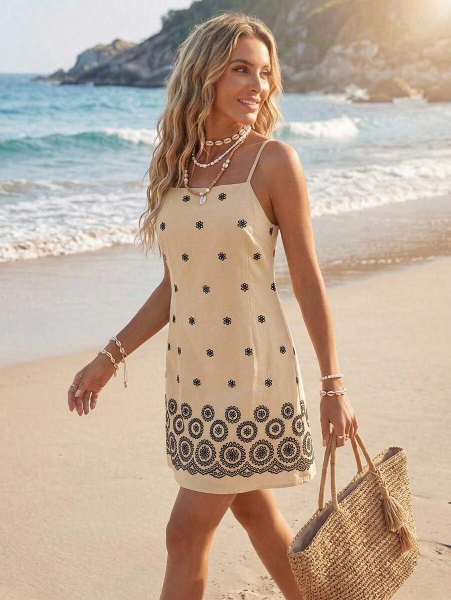 SHEIN LUNE Abito casual da festa con stampa floreale e spalline sottili per donna taglie forti - Albicocca - Visualizzare 1