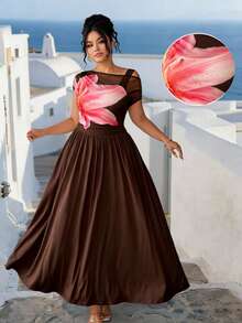 Elenzga Robe midi drapée style bohème pour femmes grandes tailles, col asymétrique, imprimé floral crème, printemps/été, tenue élégante pour vacances, plage, fête, jupe drapée ample parfaite pour la plage, photos de jardin, fête d'anniversaire ou dîner romantique - Marron - Voir 3