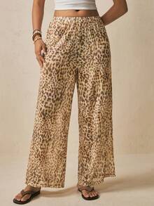 Freevana Celana Panjang Gaya Liburan Pantai Boho Seksi Motif Leopard dengan Tali Serut dan Potongan Lebar, Model Longgar dan Menutupi Tubuh - MultiWarna - View 4