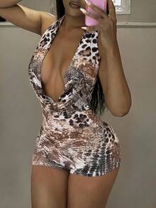 StreetHx Hot Girl Style Sexy Beige Foil Camouflage Halter Neck Jumpsuit Deep V Backless Fitted Club Vacation Summer - Multicolor - View 7