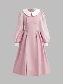 SHEIN Tween Girls Squishy Pink 2 In 1 Patchwork Peter Pan Collar Dress, Formal Casual Daily Outing Versatile Streetwear, Suitable For Any Occasion, Sister Outfit, Parent-Child Matching, Cute Girls Outfit, Primary School, Middle School - Pink - View 6