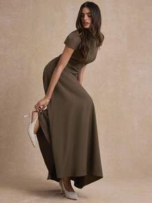 Enchnt Gaun Wanita Elegan Berwarna Polos - Coklat tua - View 7