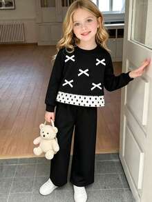 SHEIN Young Girl Korean Style Energetic Loose Black Sweatshirt 2 In 1 Bowknot Pattern 2-Piece Set - Black - View 4