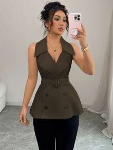 Selianne Women's Spring/Summer French Style Elegant Business Casual Sexy Commute Teachers' Day Lapel Collar Button Waist Belt Blouse Office Work Olive Green - Brown - View 5