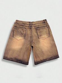 Manfinity Roghcode Shorts de pierna ancha sueltos de denim lavado desgastado color arcilla amarillo vintage para hombres - Azul lavado medio - Ver 5