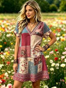 Selamara Bohemian Pastoral Patchwork Floral Print Short Dress, V-Neck Loose Short Sleeve Cover-Up Dress, Casual Short Dress For Countryside And Beach Vacation - Multicolor - View 5