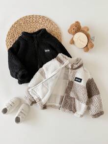 SHEIN 2pcs Jaket Bayi Perempuan Musim Gugur/Musim Dingin Lucu Serbaguna Kasual Berbulu dengan Kerah Tegak - Khaki - View 7