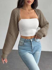 SHEIN PETITE 女款休閒百搭純色短版開襟羊毛衫 - 駝色 - 查看 4