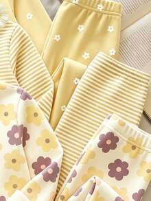 Random 3 Sets Send 2 Sets Cute Sweet Cartoon Floral Print, Mori Style, Baby Girl Casual Minimalist Slim Fit Round Neck Long Sleeve Long Pants Home Wear Set 4pcs, Suitable For Autumn/Winter, Tight Fit - Multicolor - View 7