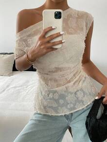 DAZY Women's Elegant Lace Asymmetric Ruched Asymmetrical Shoulder Blouse, Summer - Beige - View 12