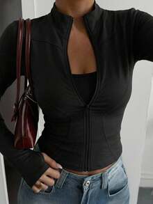 DAZY Women's Solid Color Elastic Mock Neck Fitted Long Sleeve Jacket, Sports Casual,Spring Autumn - Black - View 8
