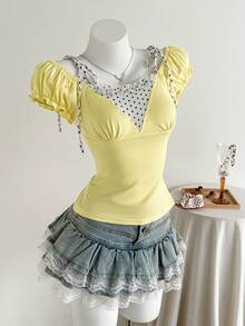 Mori Grove Mori Grove Women's Solid Color Polka Dot Yellow 2 In 1 Short Sleeve T-Shirt Vacation Summer Cute Romantic - Yellow - View 6
