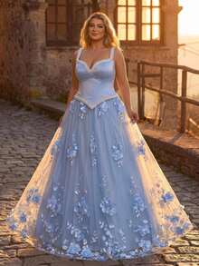 Glamrae Große Größen hellblaues Abendkleid mit Herzausschnitt, Satin-Patchwork und 3D Blumen, romantischer Ballkleid-Stil - Babyblau - Übersicht 7