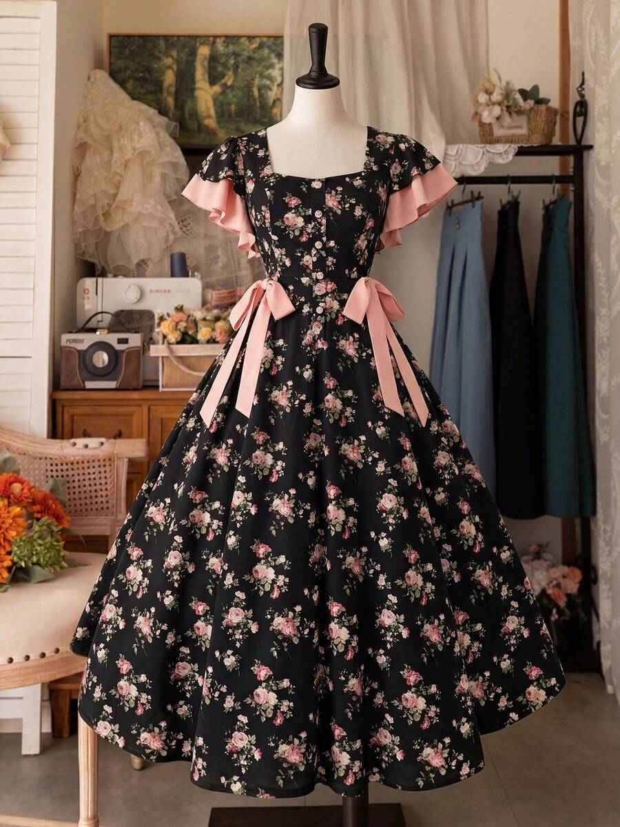 Sweetra Plus Size Spring/Summer Floral Patchwork Tie-Up Elegant Vacation Dress - Black - View 1