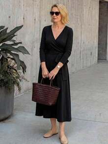 DAZY Women's Solid Color Tie Wrap Midi Dress - Black - View 7