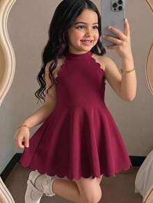 Vestido infantil para niña joven, casual y elegante, de moda, color rojo sólido, cuello alto, sin mangas, con cintura ceñida, corte evasé, bajo con pétalos y bajo curvo, vestido sin mangas, vestido color burdeos, vestido para niños - Burdeos - Ver 1