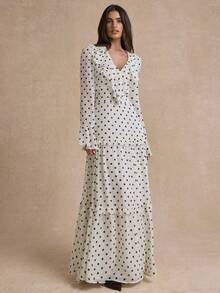 Enchnt Premium Otoño Romántico Vintage Vestido Elegante de Mujer con Estampado de Lunares Blancos y Negros, Cuello con Volantes, Atuendos Sociales, Ropa de Viaje, Ropa Formal - Blanco - Ver 4
