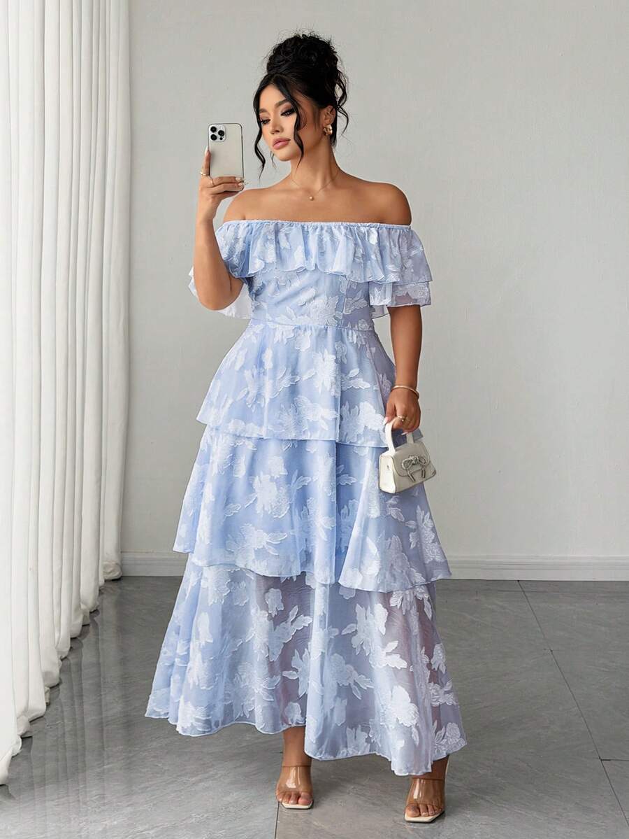 Elenzga Spring Summer Plus Size Floral Striped Print Pullover, Ruffle Long Sleeve Design, Casual Elegant Wedding Commute Mother Of The Bride Light Blue - Baby Blue - View 1