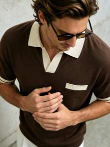 Manfinity Dauomo Atasan Rajut Kasual Lengan Pendek Bergaris Patchwork untuk Pria - Coffee Brown - View 1