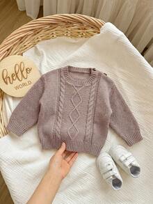 SHEIN Baby Girl Cable Knit Round Neck Long Sleeve Casual Versatile Autumn Winter Sweater - Khaki - View 5