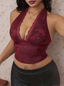 CovetEZ Spring/Summer New Burgundy Lace Sexy Minimalist Sexy Spaghetti Strap V-Neck Plus Size Camisole Cruise - Burgundy - View 7
