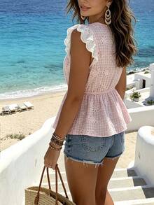 SHEIN Franclia Hollow-Out Embroidered Vest, Casual Cute Vacation Wear Everyday Pink And White Summer - Pink - View 2