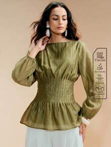 Arave Women's Solid Color Round Neck Lantern Sleeve Cinched Waist Ruffle Hem Blouse Office Work Brunch Olive Green Fall Elegant French - Green - View 5