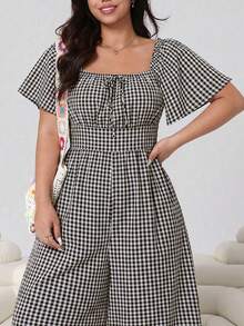 Solflare Jumpsuit Wanita Ukuran Besar Warna Cokelat dengan Satu Bahu, Bagian Dada Berkerut, Potongan Longgar, dan Pinggang Elastis - Coklat - View 4