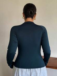 Dazy Plus Woven Label Decor Plus Size Solid Color Slim Fit Half-Zip Long Sleeve Spring/Autumn Sports Casual T-Shirt School - Navy Blue - View 6