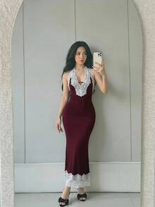 Sweetina Deep V-Neck Lace Trim Backless Long Mermaid Dress - Purple - View 1