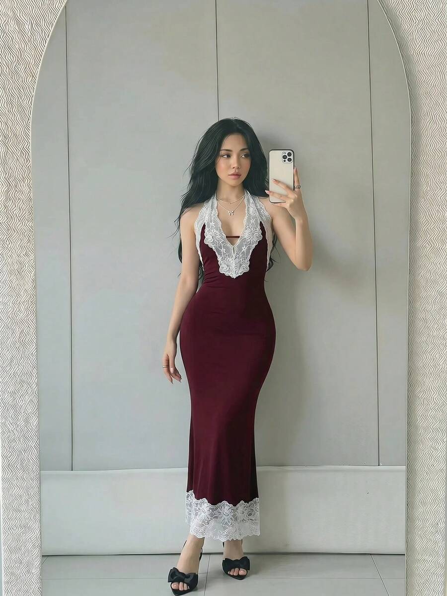 Sweetina Deep V-Neck Lace Trim Backless Long Mermaid Dress - Purple - View 1