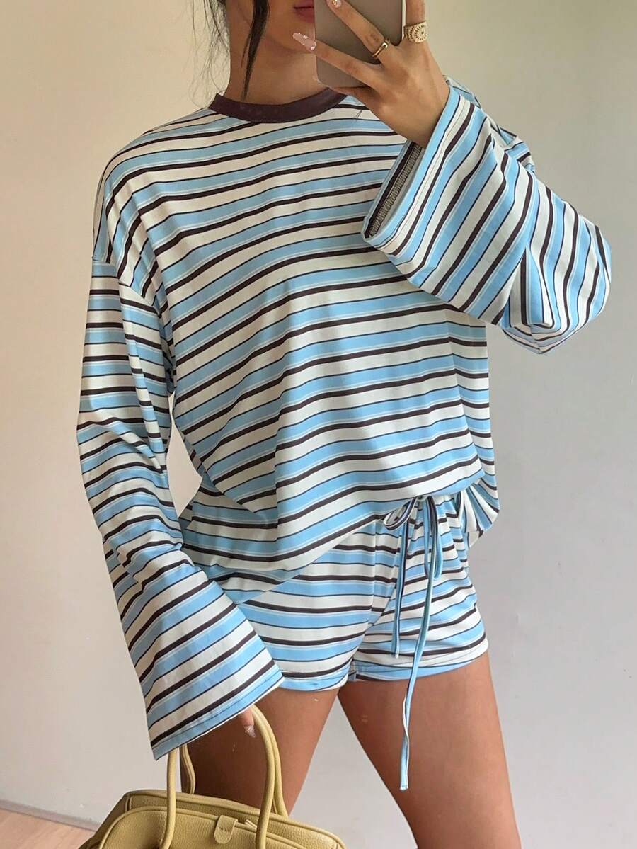 Aloruh 藍色條紋針織休閒女款兩件套 - 彩色 - 查看 1