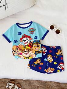 SHEIN | PAW Patrol 男嬰簡單經典可愛卡通動畫印花圓領上衣與短褲家居服 寬鬆舒適 2件套 適合夏季 - 彩色 - 查看 1