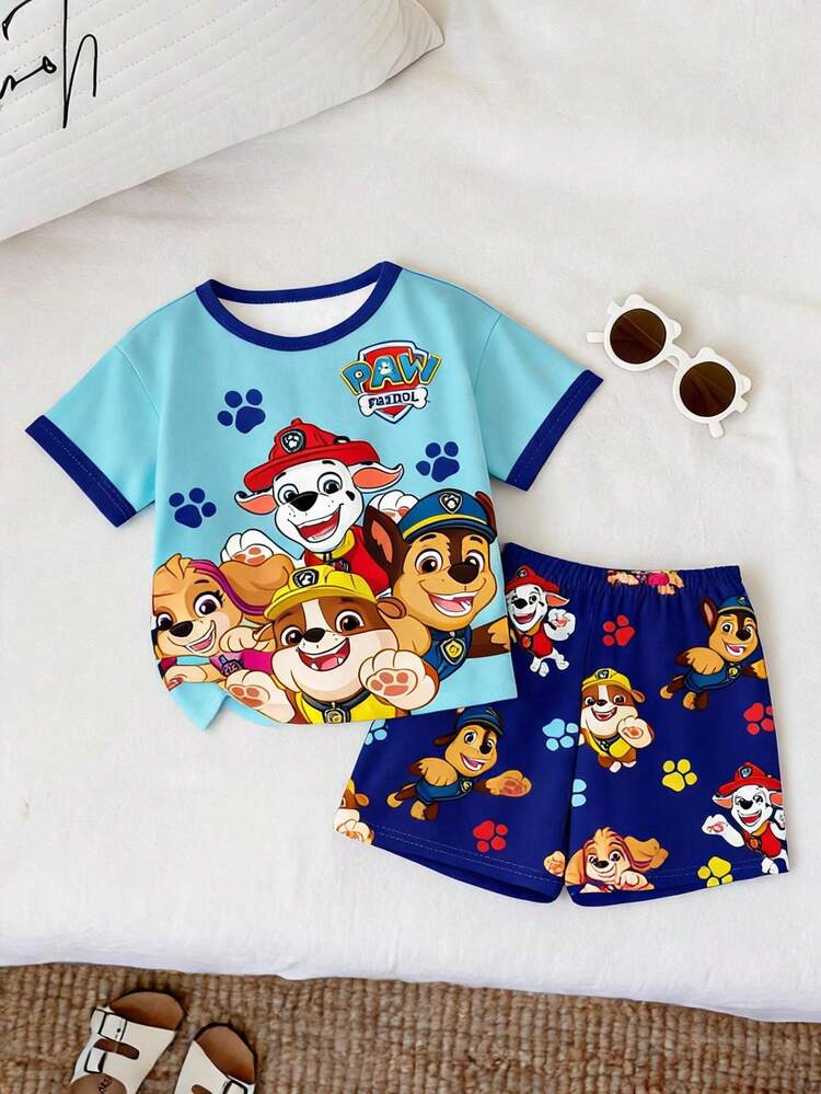 SHEIN | PAW Patrol 男嬰簡單經典可愛卡通動畫印花圓領上衣與短褲家居服 寬鬆舒適 2件套 適合夏季 - 彩色 - 查看 1