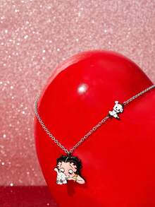 Betty Boop x SHEIN New Creative Cartoon Pattern Printed Pendant Necklace, IP Joint Design, Lovely Personalized, Simple And Generous, Can Also Be Used As Accessories, Suit - Platinum - View 3