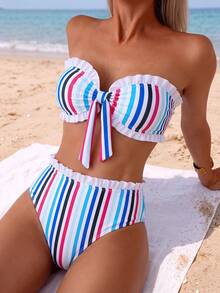 Swim Mod Spring/Summer Beach Vacation Vacation White Print 2 Pieces Set, Ruched Neckline, Ruffled Hem Pants Tropical - Multicolor - View 3