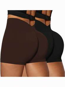SHEIN Velisys 2 Peças Shorts Plus Size Preto & Marrom Escuro Tricotado Sem Costura Confortável Elástico Yoga Corrida Ciclismo Fitness Outdoor Cintura V Usável Novo Primavera Verão Outono Inverno - Preto - Visão 1