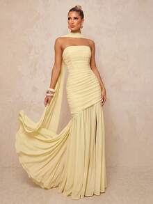 Lumalex Gaun Chiffon Musim Panas Elegan Warna Kuning Muda, Gaun Formal untuk Prom, Pernikahan, Pengiring Pengantin, Model Ekor Ikan, Leher Halter (Payet yang Dapat Dilepas), Bagian Dada Berkerut, Jaring Transparan - Kuning - View 8
