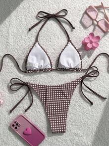 Swim Vcay 女款夏季海灘格紋掛脖綁帶性感比基尼三角褲兩件式泳衣套裝 - 彩色 - 查看 3