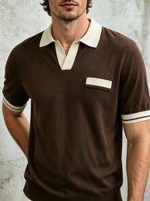 Manfinity Dauomo Atasan Rajut Kasual Lengan Pendek Bergaris Patchwork untuk Pria - Coffee Brown - View 3