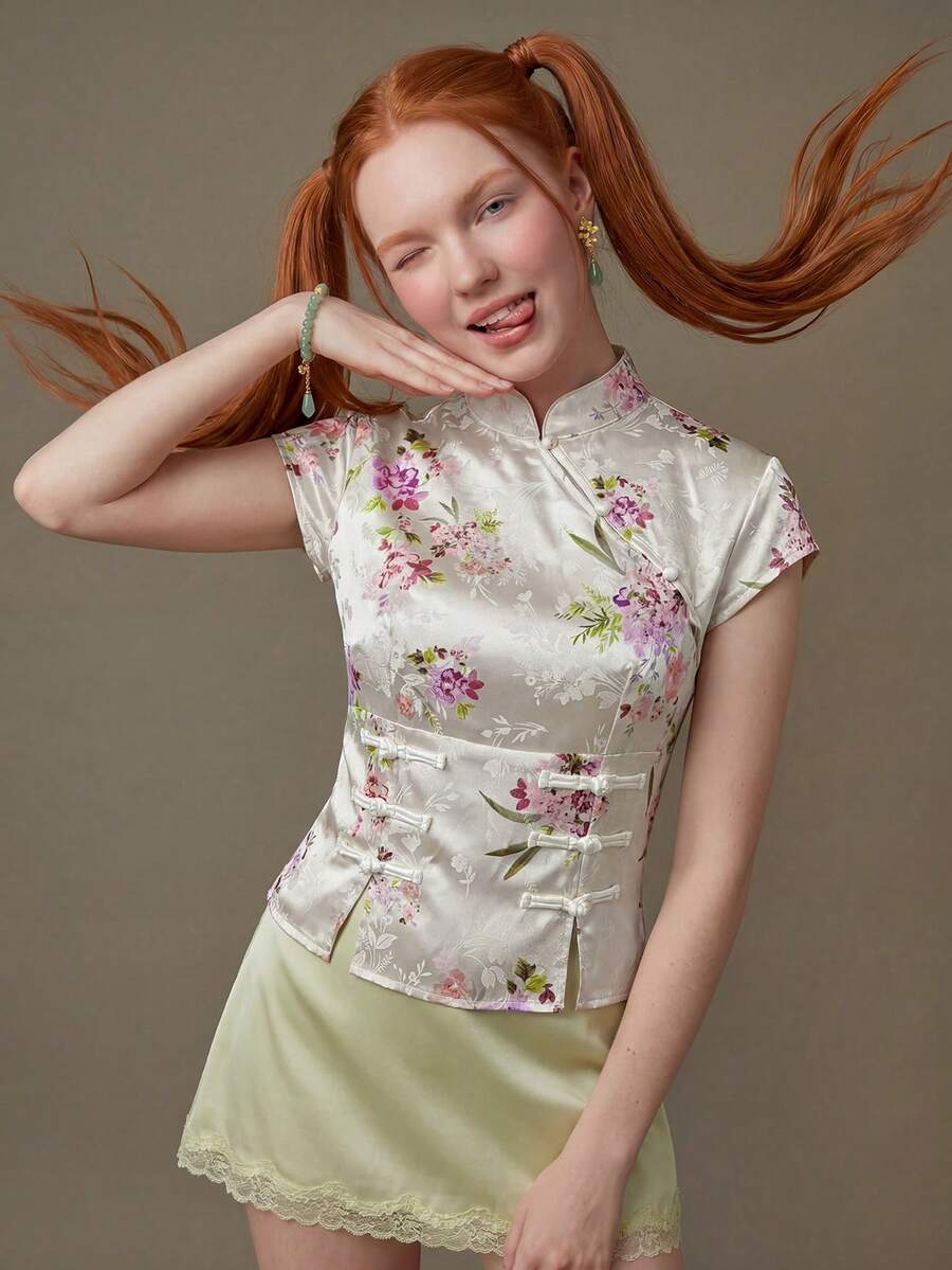 Elnivra Women's Sweet 60s 70s Elegant Satin Floral Print Glossy Top With Cap Sleeves Qipao Collar Drawstring Tie Frog Buttons Slit Hem Champagne - Apricot - View 1