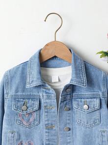 SHEIN Denimly 女孩時尚戶外百搭休閒學院風可愛花朵彩虹蝴蝶結字母愛心印花牛仔夾克外套，翻領水洗牛仔長袖 - 藍色 - 查看 5