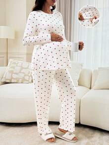 Slowluna Maternity Heart Print Side Slit Hem Long Sleeve Top And Adjustable Waist Long Pants Casual 2 Pieces Set Fall,Autumn Outfit For Women - White - View 5