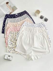 Lowkey Lull 8pcs/Pack Minimalist Basic Frill Trim Shorts Pajama Pants Women's Loungewear Bottoms - Multicolor - View 1
