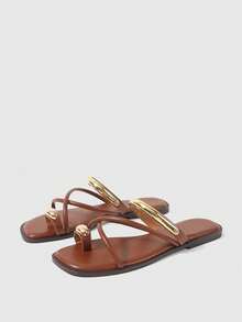 Sleekvia Ladies Comfortable Flat Wear-Resistant Versatile  Metal Outdoor Flip-Flops Slippers Summer - Brown 01 - View 8