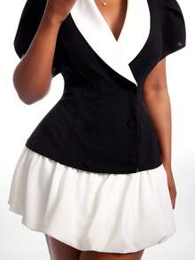 Radiana Curve Plus Size Women's Autumn French Style Fashion Elegant Black & White Contrast Color Petal Sleeve & Ruffle Hem Blazer Dress - Black and White - View 8