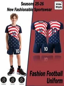 Tween Boy Digital Print Raglan Short Sleeve T-Shirt And Shorts Casual Set - Navy Blue - View 3