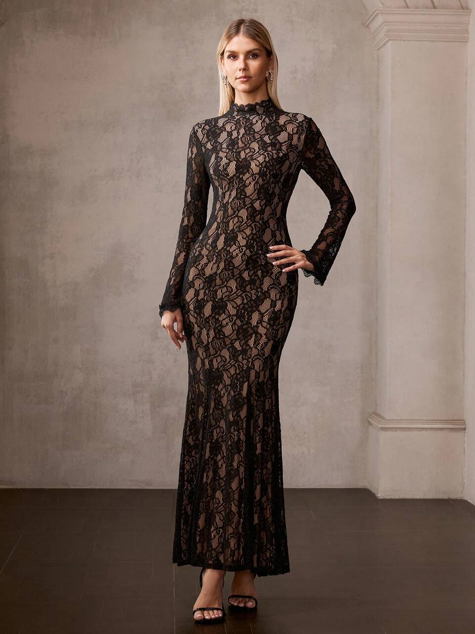 MOTF Soiréza WOMEN'S ELEGANT MOCK NECK LACE EVENING DRESS LONG SLEEVE MERMAID HEM MAXI DRESS ,PERFECT FOR WEDDING GUEST,PROM FORMAL PARTY